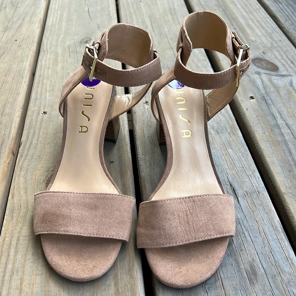 Unisa Taupe Suede Ankle-Strap Block Heel Sandals
